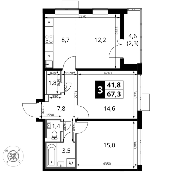 Планировка 3-комн. квартира, 67.3 м² ЖК «1-й Шереметьевский» Планировка 3-комн. квартира, 67.3 м² ЖК «1-й Шереметьевский»