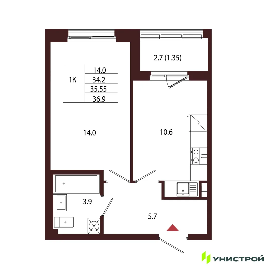 Планировка 1-комн. квартира, 35.55 м² ЖК «Лисино»