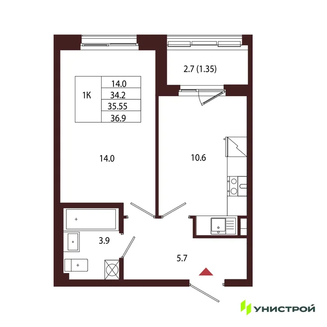Планировка 1-комн. квартира, 35.55 м² ЖК «Лисино»