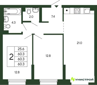 Планировка 2-комн. квартира, 60.3 м² ЖК «Парковый квартал 2.0»