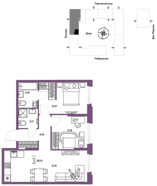 Планировка 3-комн. квартира, 58.15 м² ЖК «Европейский берег 2.0»