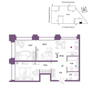 Планировка 3-комн. квартира, 59.34 м² ЖК «Микрорайон Звездный»