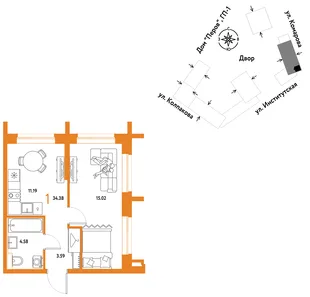 Планировка 1-комн. квартира, 34.38 м² ЖК «Страна.Парковая»