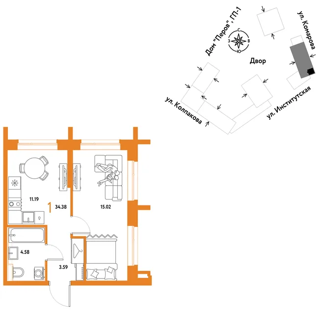 Планировка 1-комн. квартира, 34.38 м² ЖК «Страна.Парковая» Планировка 1-комн. квартира, 34.38 м² ЖК «Страна.Парковая»