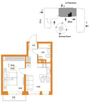 Планировка 1-комн. квартира, 39.66 м² ЖК «Авторский»