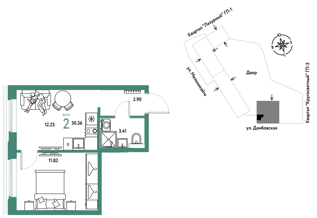 Планировка 2-комн. квартира, 30.36 м² ЖК «Страна Прибрежная»