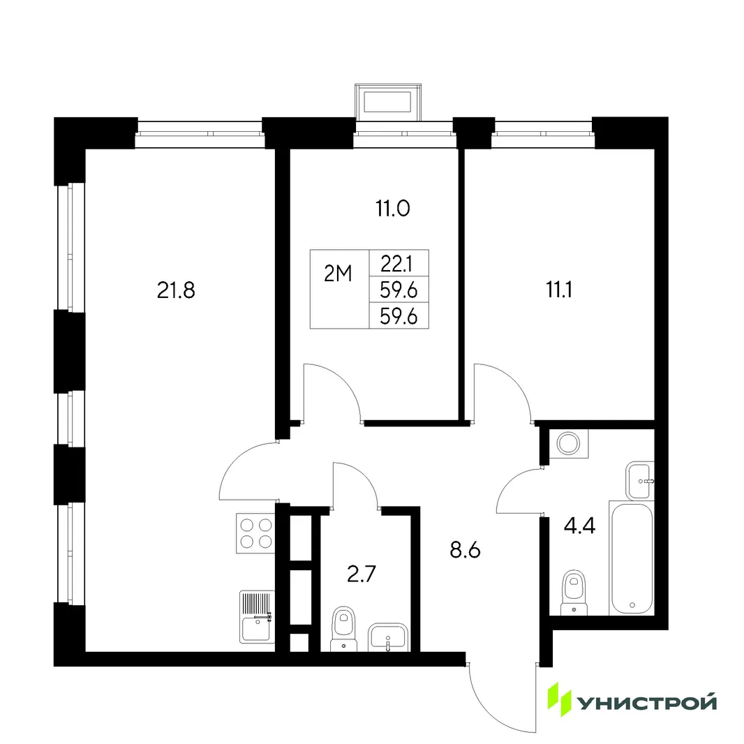 Планировка 2-комн. квартира, 59.6 м² ЖК «Стадиум»