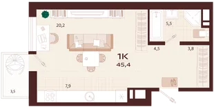 Планировка 1-комн. квартира, 45.4 м² ЖК «Роялта»