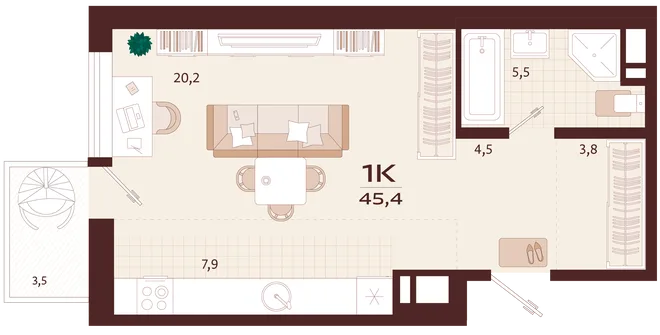 Планировка 1-комн. квартира, 45.4 м² ЖК «Роялта» Планировка 1-комн. квартира, 45.4 м² ЖК «Роялта»