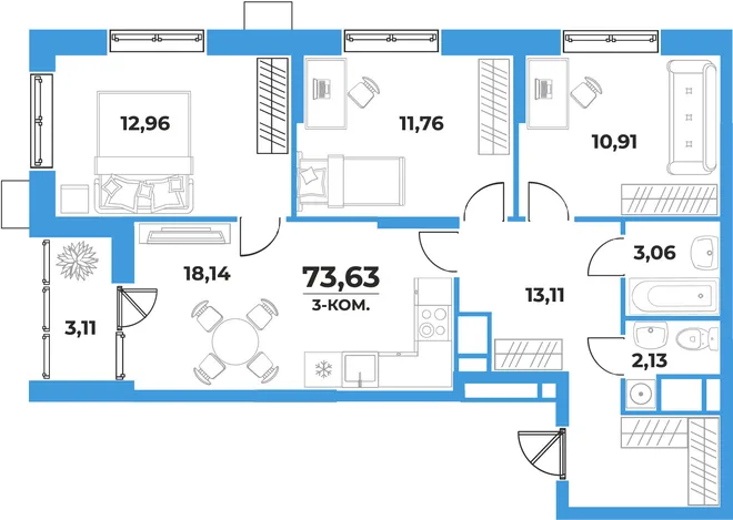 Планировка 3-комн. квартира, 73.63 м² ЖК «На семи холмах» Планировка 3-комн. квартира, 73.63 м² ЖК «На семи холмах»