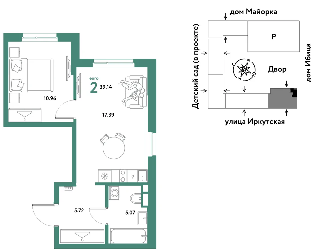 Планировка 2-комн. квартира, 39.14 м² ЖК «Остров-сад»
