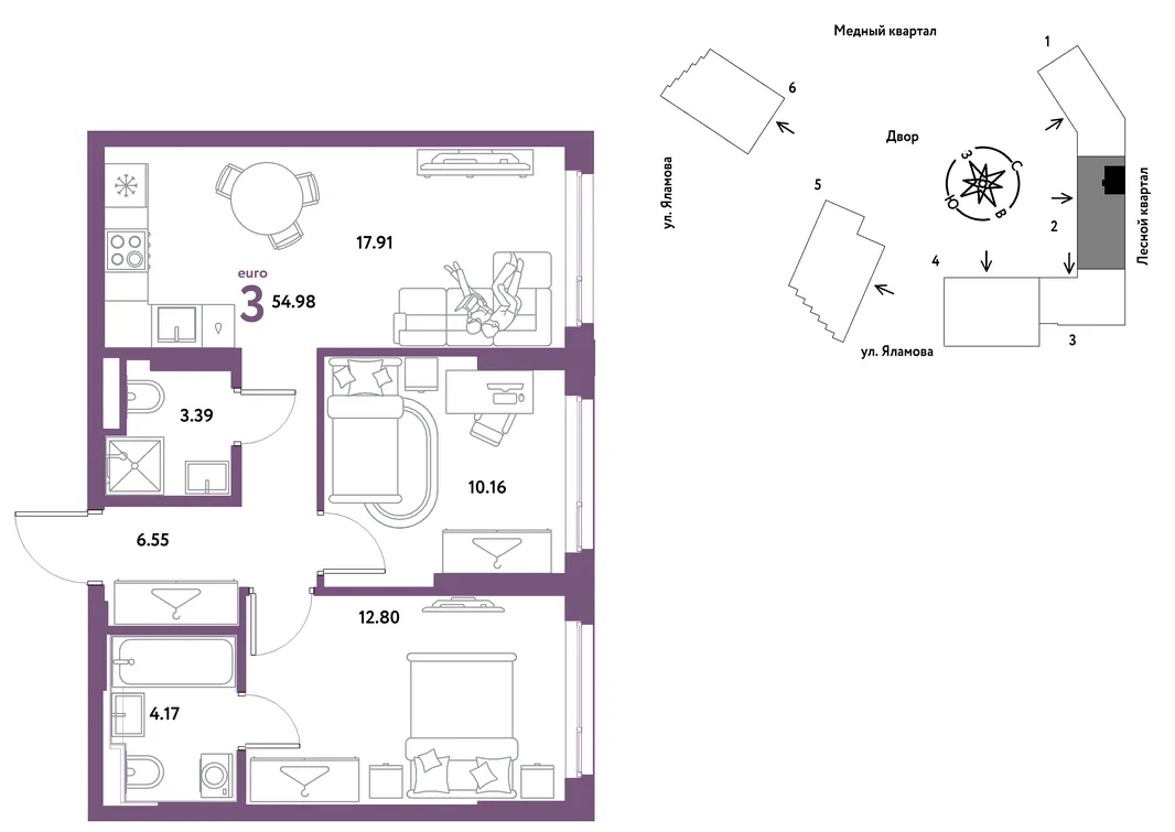 Планировка 3-комн. квартира, 54.98 м² ЖК «Сибирский сад»