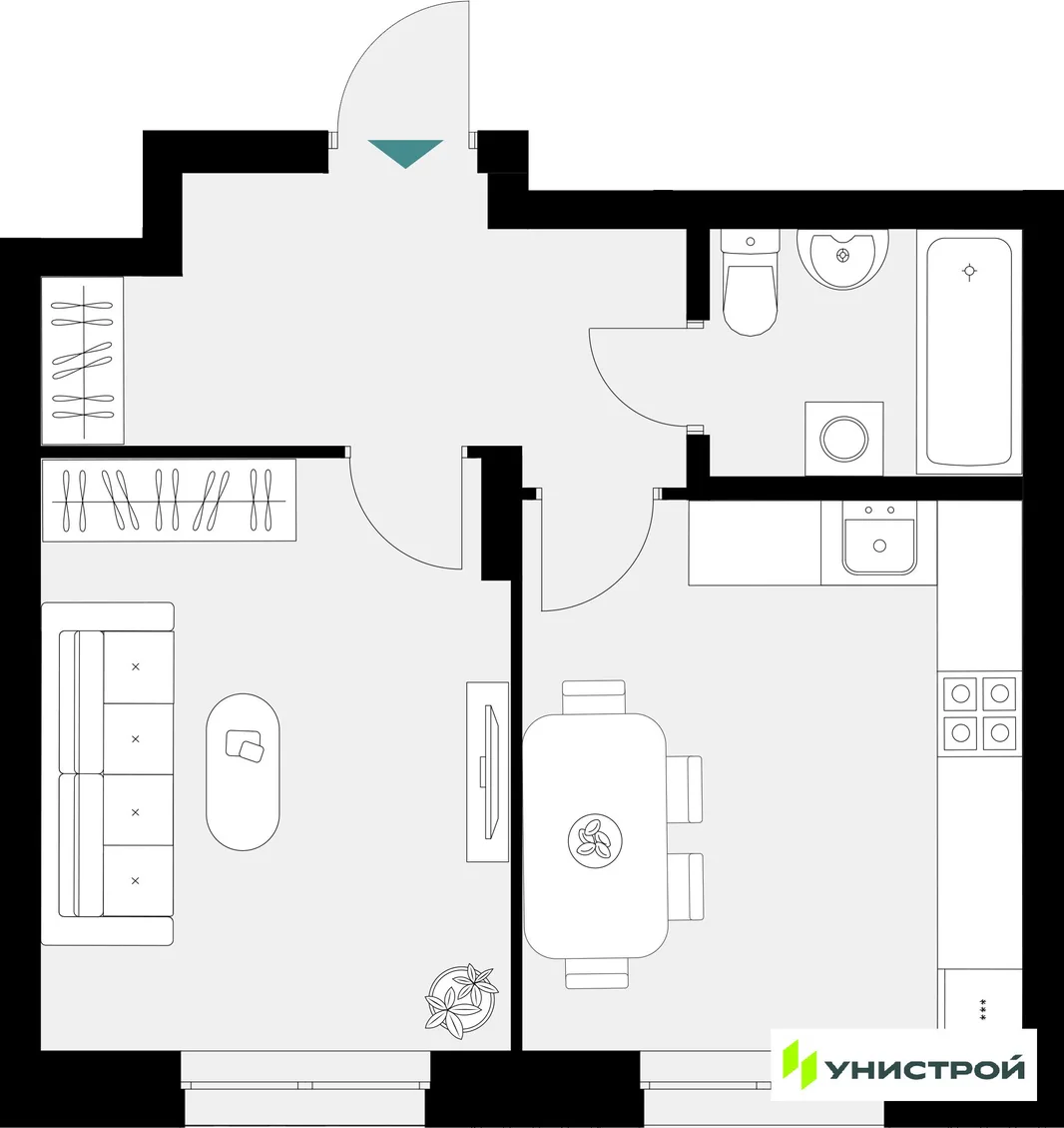 Планировка 1-комн. квартира, 38.48 м² ЖК «Уникум на Амирхана»