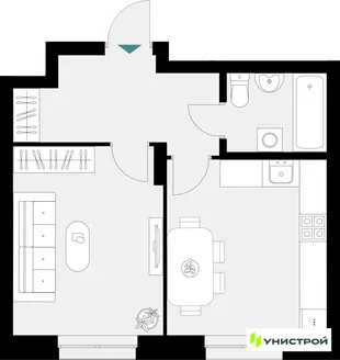 Планировка 1-комн. квартира, 38.48 м² ЖК «Уникум на Амирхана»