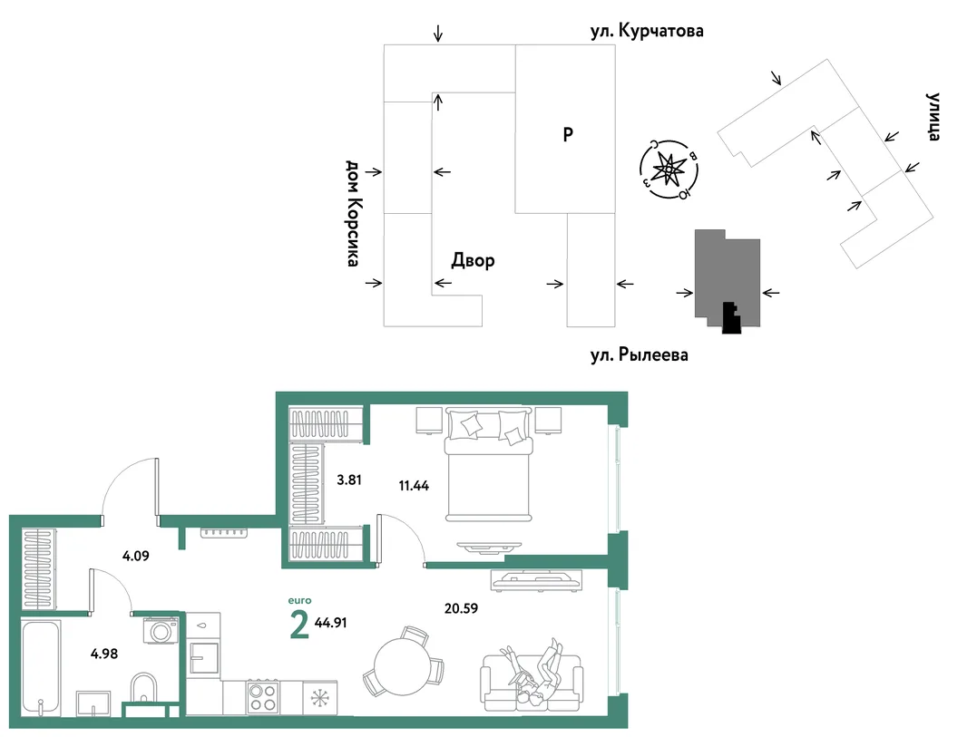 Планировка 2-комн. квартира, 44.91 м² ЖК «Остров-сад»