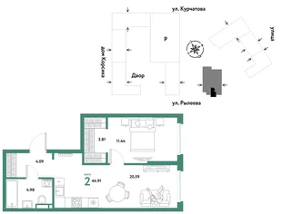 Планировка 2-комн. квартира, 44.91 м² ЖК «Остров-сад»