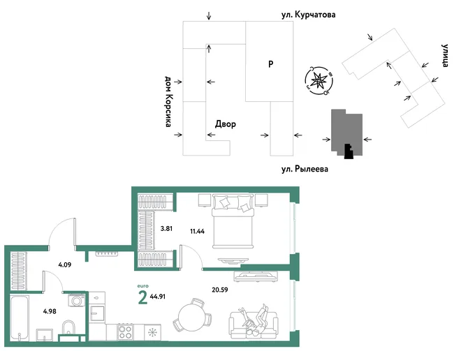 Планировка 2-комн. квартира, 44.91 м² ЖК «Остров-сад» Планировка 2-комн. квартира, 44.91 м² ЖК «Остров-сад»