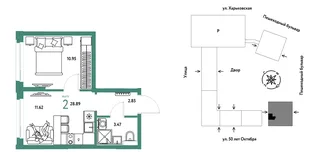 Планировка 2-комн. квартира, 28.89 м² ЖК «Сердце Сибири»