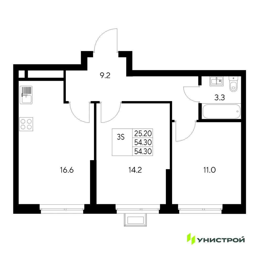 Планировка 2-комн. квартира, 54.3 м² ЖК «Стадиум»