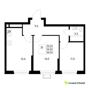 Планировка 2-комн. квартира, 54.3 м² ЖК «Стадиум»