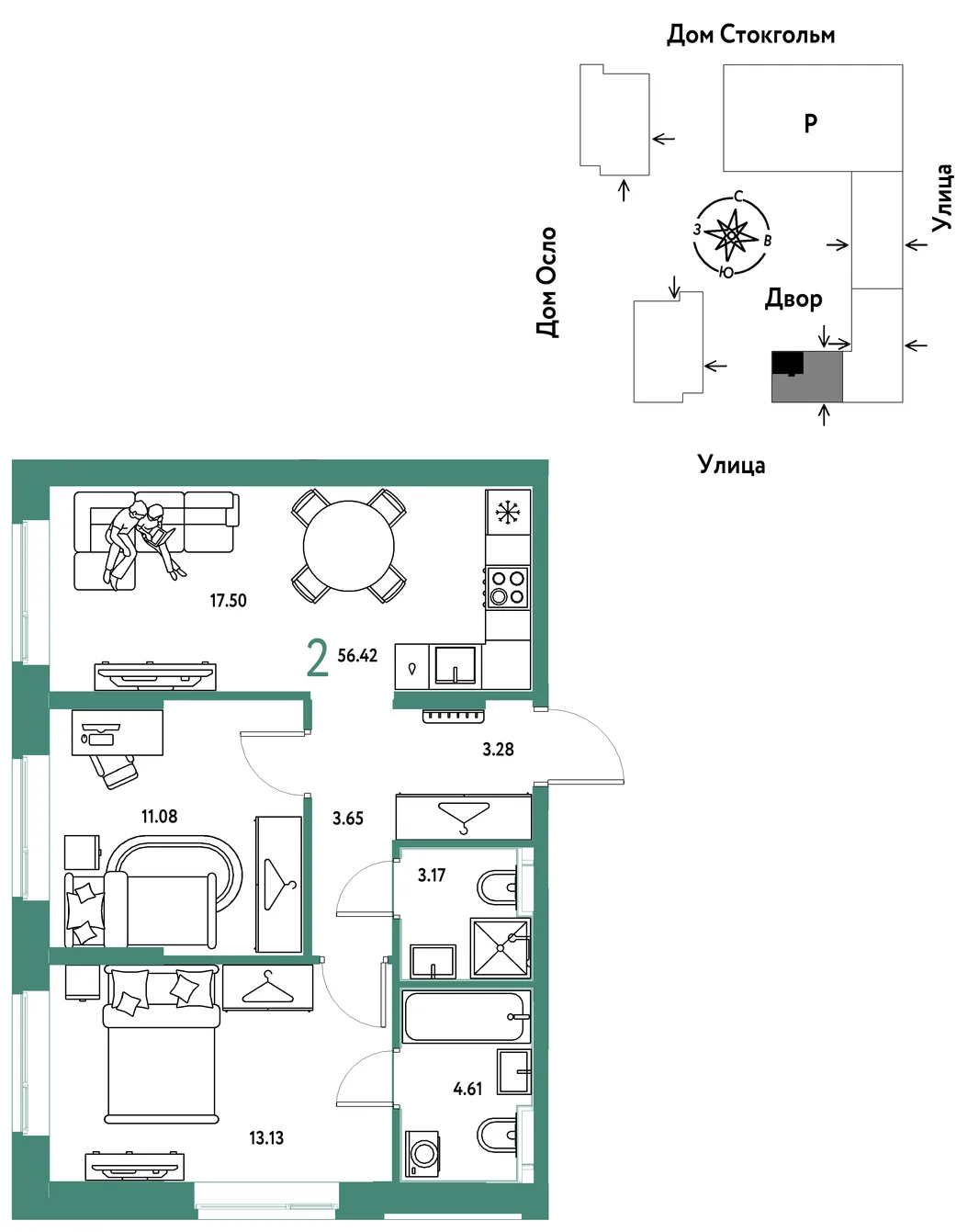 Планировка 2-комн. квартира, 56.42 м² ЖК «Европейский берег 2.0»