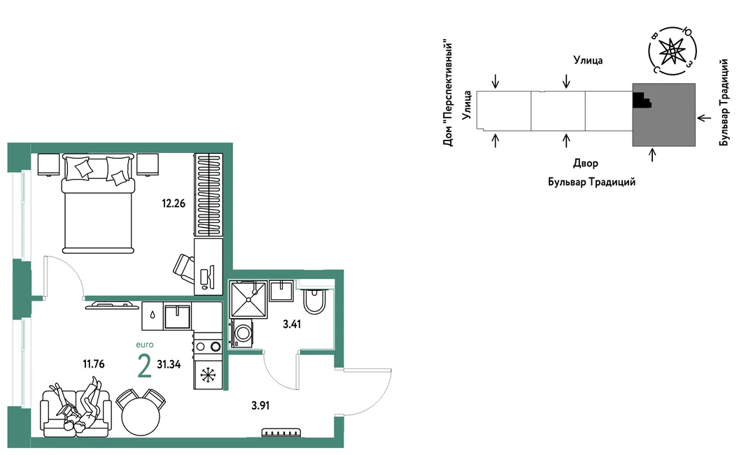 Планировка 2-комн. квартира, 31.34 м² ЖК «Микрорайон Домашний»