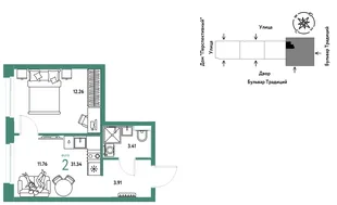 Планировка 2-комн. квартира, 31.34 м² ЖК «Микрорайон Домашний»
