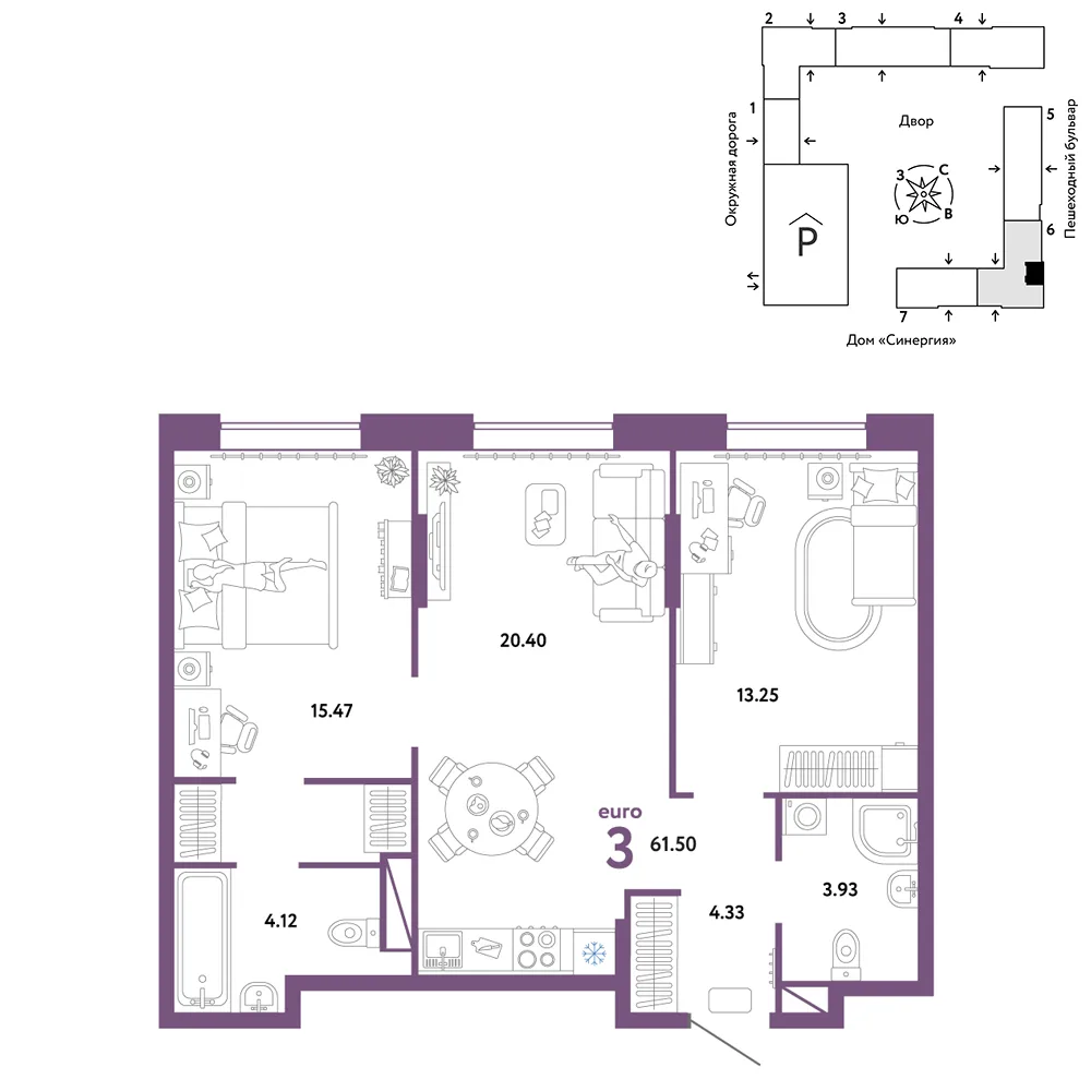 Планировка 3-комн. квартира, 61.5 м² ЖК «Юнион»