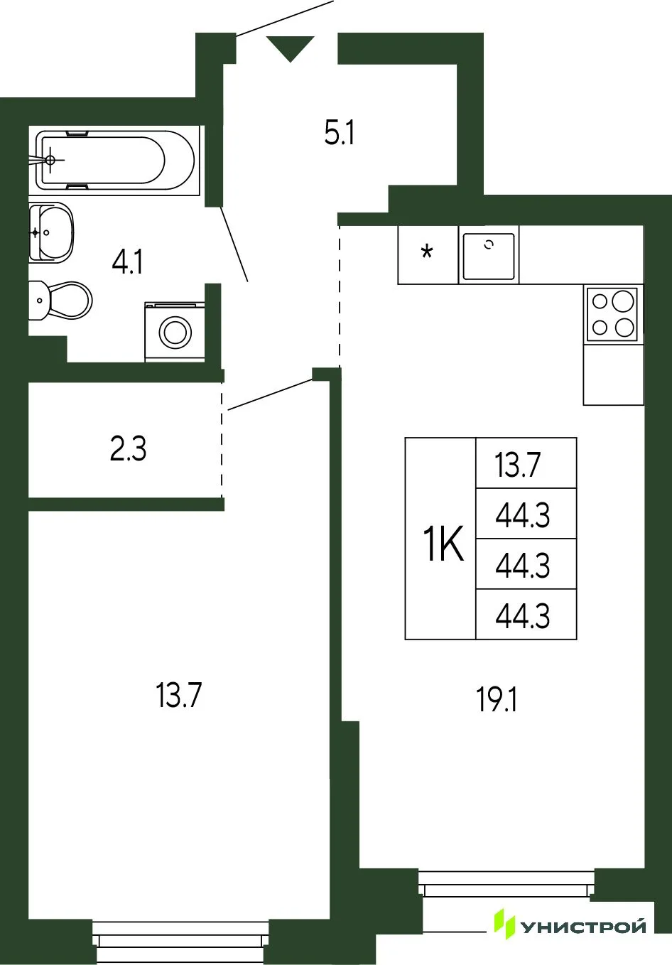 Планировка 1-комн. квартира, 44.3 м² ЖК «Парковый квартал 2.0»