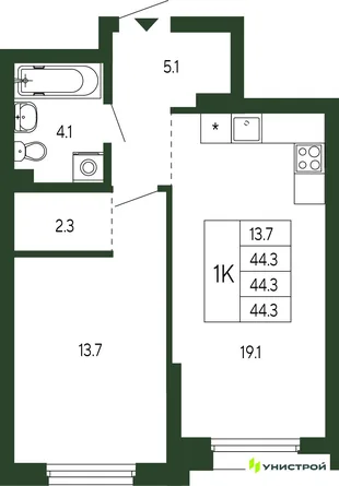 Планировка 1-комн. квартира, 44.3 м² ЖК «Парковый квартал 2.0»