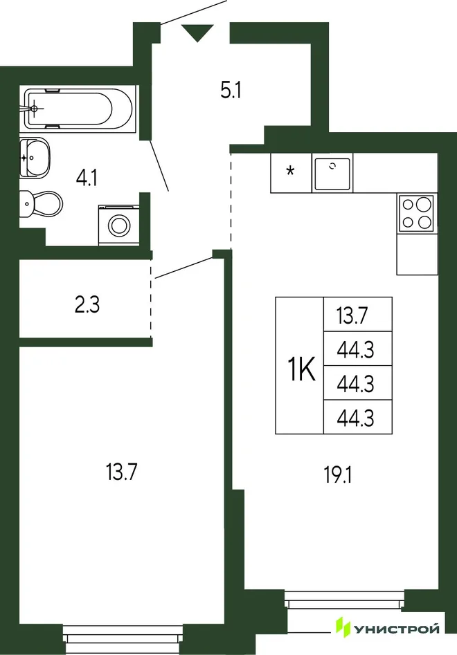 Планировка 1-комн. квартира, 44.3 м² ЖК «Парковый квартал 2.0» Планировка 1-комн. квартира, 44.3 м² ЖК «Парковый квартал 2.0»