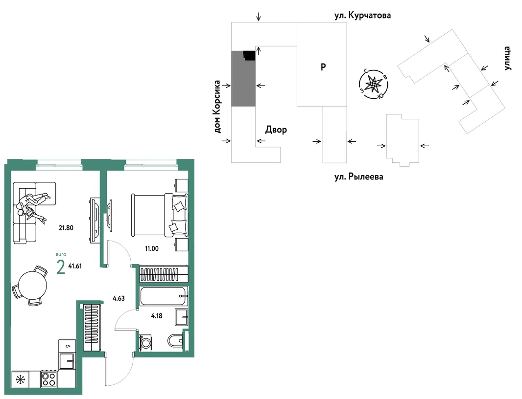 Планировка 2-комн. квартира, 41.6 м² ЖК «Остров-сад»