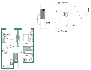 Планировка 2-комн. квартира, 41.6 м² ЖК «Остров-сад»