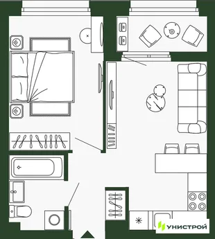 Планировка 1-комн. квартира, 38.5 м² ЖК «Парковый квартал 2.0»
