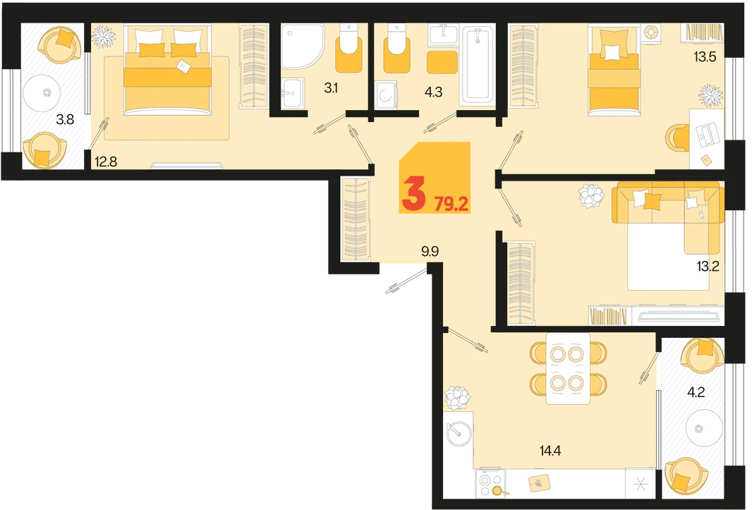 Планировка 3-комн. квартира, 79.2 м² ЖК «Первое место»
