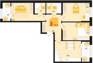 Планировка 3-комн. квартира, 79.2 м² ЖК «Первое место»