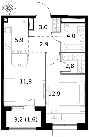Квартира 2-комн. квартира, 44.9 м² ЖК «1-й Саларьевский» Фото 1 Квартира 2-комн. квартира, 44.9 м² ЖК «1-й Саларьевский» Фото 1