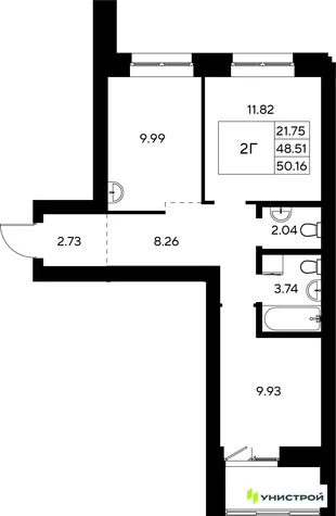 Планировка 2-комн. квартира, 50.16 м² ЖК «Царёво City»