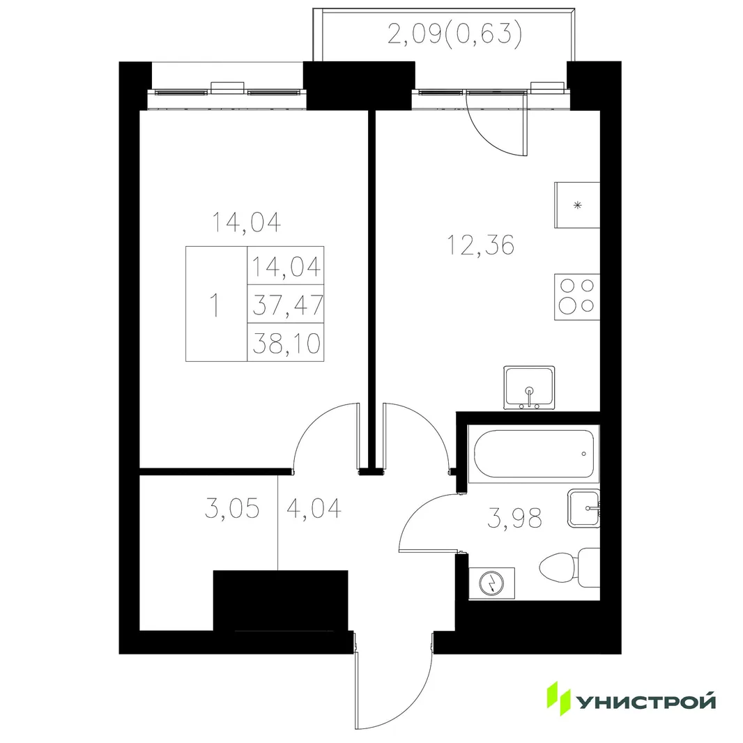 Планировка 1-комн. квартира, 38.1 м² ЖК «Statum»