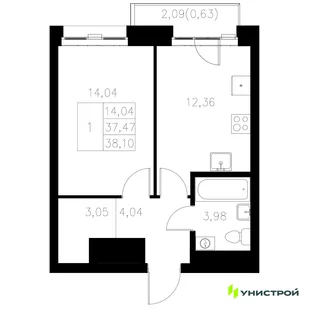 Планировка 1-комн. квартира, 38.1 м² ЖК «Statum»