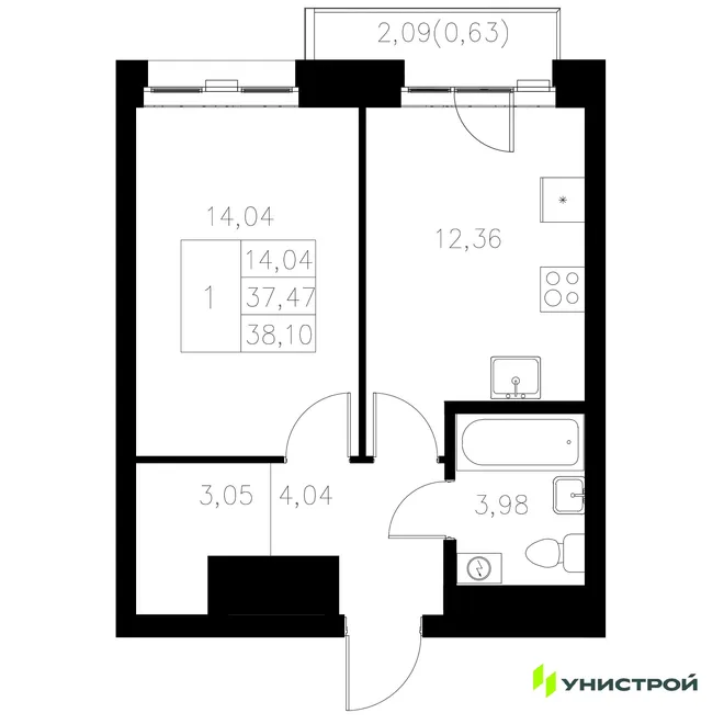 Планировка 1-комн. квартира, 38.1 м² ЖК «Statum» Планировка 1-комн. квартира, 38.1 м² ЖК «Statum»