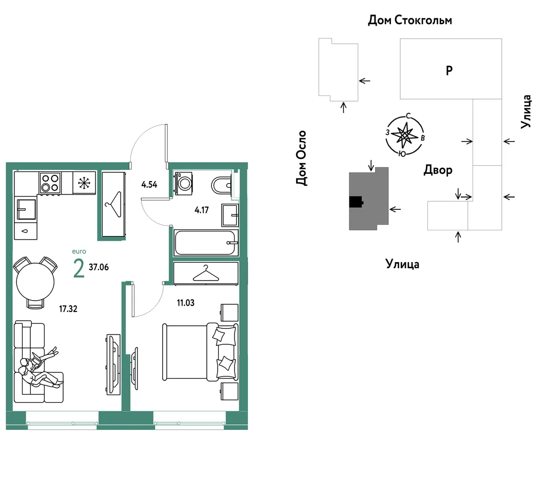 Планировка 2-комн. квартира, 37.06 м² ЖК «Европейский берег 2.0»