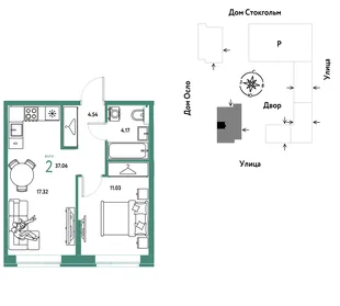 Планировка 2-комн. квартира, 37.06 м² ЖК «Европейский берег 2.0»