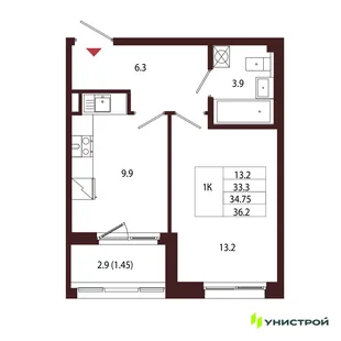 Планировка 1-комн. квартира, 34.75 м² ЖК «Лисино»