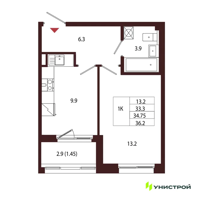 Планировка 1-комн. квартира, 34.75 м² ЖК «Лисино» Планировка 1-комн. квартира, 34.75 м² ЖК «Лисино»
