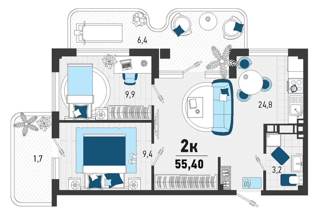 Планировка 2-комн. квартира, 49.1 м² ЖК «Монако»
