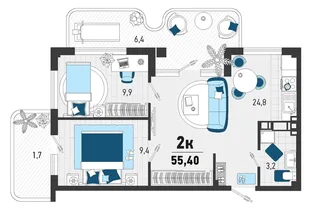 Планировка 2-комн. квартира, 49.1 м² ЖК «Монако»