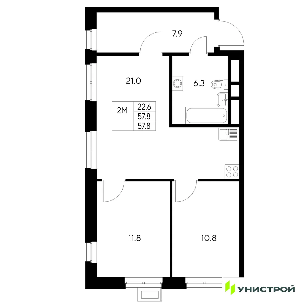 Планировка 2-комн. квартира, 57.8 м² ЖК «Стадиум»