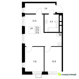 Планировка 2-комн. квартира, 57.8 м² ЖК «Стадиум»