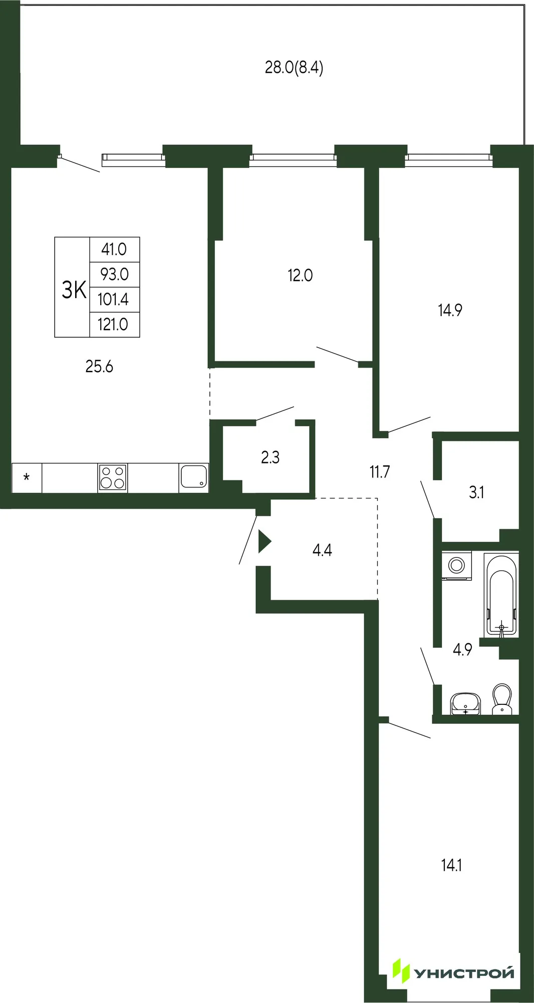 Планировка 3-комн. квартира, 101.4 м² ЖК «Парковый квартал 2.0»